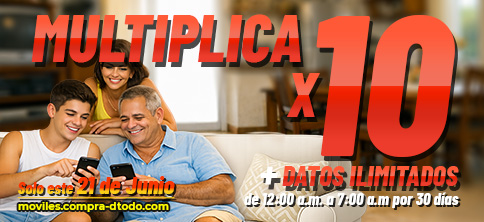 Multiplica tu recarga x 10 + Internet ilimitado de 12m a 7am por 30 días